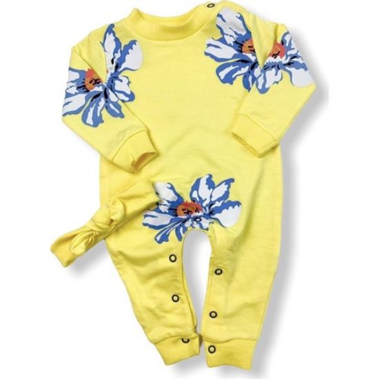 Pendo Baby Pamuklu Çiçekli Kız Bebek Tulum ve Bandana Takımı resmi